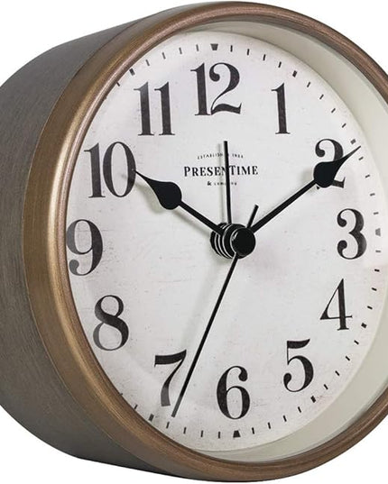 Presentime & Co 4" Vintage Tabletop Alarm Mantel Clock, Desk and Shelf Clock, Silent no Ticking, Rustic Grey Oak and Antique Gold Finish. Tabletop Décor, Home Décor, Farmhouse Décor.