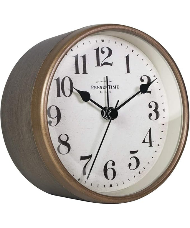 Presentime & Co 4" Vintage Tabletop Alarm Mantel Clock, Desk and Shelf Clock, Silent no Ticking, Rustic Grey Oak and Antique Gold Finish. Tabletop Décor, Home Décor, Farmhouse Décor.