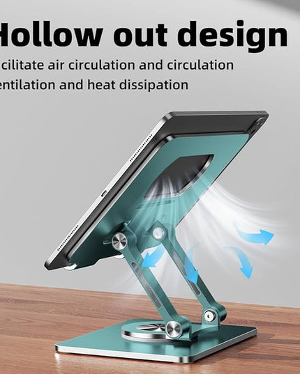 iPad Holder Stand, Tablet Holder with Thickened 360° Rotating Base Dual Rod Adjustable Aluminum Stand for All 4-12.9’’ iPad Surface Samsung Phone Tablet Kindle E-Reader and More, Space Gray