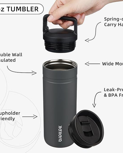 BJPKPK Insulated Water Bottle with 2 Lids,20 oz Double Wall Stainless Steel Vacuum Tumbler Travel Coffee Mug,Wide Mouth Thermal Cup,Grey