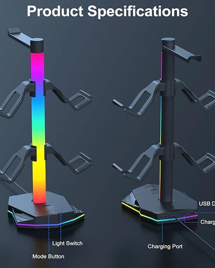 Jiawu Gaming Headphone Stand, RGB Headphone Stand with 2 USB & 1 Type C Port, Controller Holder Rack, Headset Holder Hanger, Computer Game Accessory for Desktop