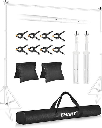 EMART Backdrop Stand 10x7ft(WxH) Photo Studio Adjustable Background Stand Support kit with 2 Crossbars, 8 Clamps, 2 Sandbags and Carry Bag for Parties, Events Decoration, Wedding, Photography -White