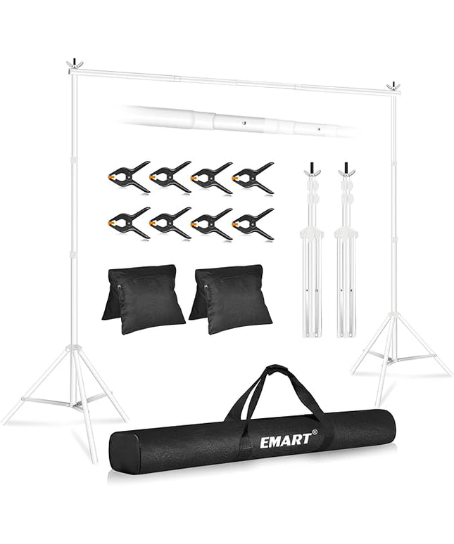 EMART Backdrop Stand 10x7ft(WxH) Photo Studio Adjustable Background Stand Support kit with 2 Crossbars, 8 Clamps, 2 Sandbags and Carry Bag for Parties, Events Decoration, Wedding, Photography -White