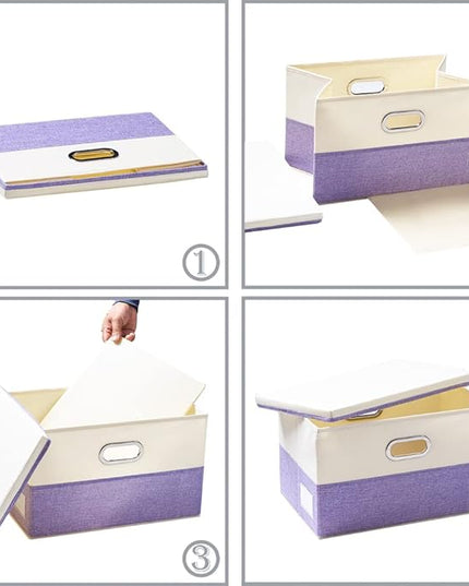 PRANDOM Collapsible Storage Bin with Lid [3-Pack] Fabric Foldable Storage Box Organizer Container Basket Cube with Cover for Home Bedroom Closet Office Nursery Purple&Cream(14.9x9.8x9.8)