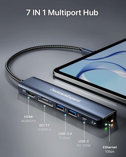 USB C Hub Ethernet, DockteckExpand 7-in-1 Multiport Adapter Type C to 4K@60Hz HDMI, Gigabit Ethernet, 100W PD Charging, 2 USB 3.0, SD/TF Card Readers, for MacBook Pro/Air, iPad Pro/Air, XPS and More