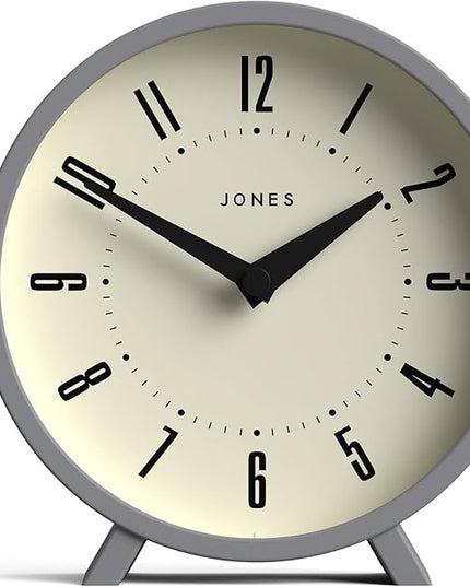 JONES CLOCKS® Venus Desk Clock | Modern Round Design | Gray | Stylish Retro Look for Shelf, Table, Mantel or Bedside
