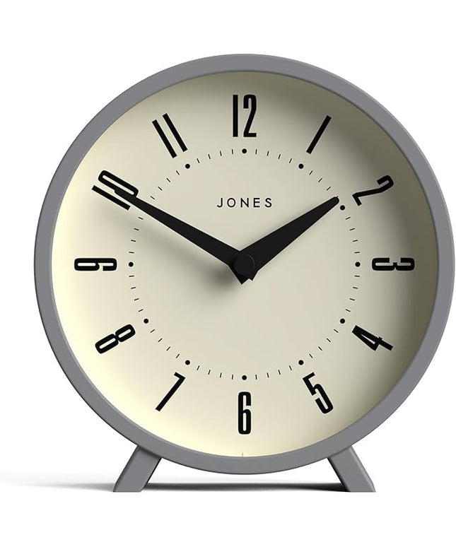 JONES CLOCKS® Venus Desk Clock | Modern Round Design | Gray | Stylish Retro Look for Shelf, Table, Mantel or Bedside