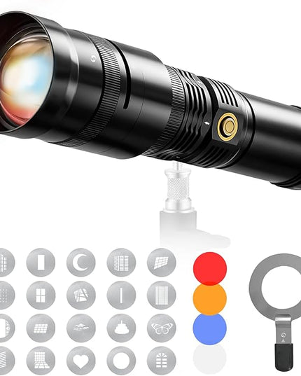 WELLMAKING 15W LED Photography Flashlight Optical Glass Lenses, 7800mAh Aluminum Alloy Patterned Ambient Light, with 20 Patterned Light Filters for Photo, Content Creation Video Recording Accessorie