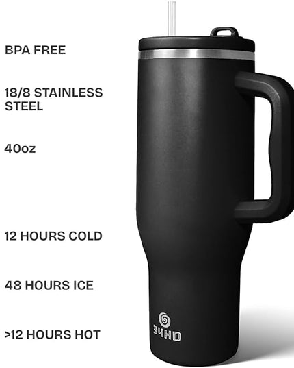 34HD 40 oz Stainless Steel Tumbler - Leakproof Insulated Water Bottle with Handle, Magnetic Lid and Flexible Straw - Iced for 48 Hours – Perfect for Men, Women, Birthday Gift, Black - Midnight Onyx