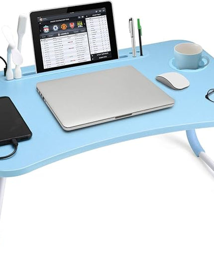 Slendor Lap Desk with Cup Holder, Foldable Laptop Table for Bed, Portable Bed Desk for Laptop and Writing, Computer Tray with Tablet Slot, Notebook Stand Reading Holder for Couch Sofa Floor,Blue