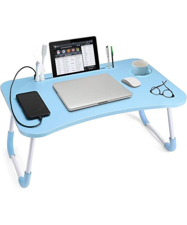 Slendor Lap Desk with Cup Holder, Foldable Laptop Table for Bed, Portable Bed Desk for Laptop and Writing, Computer Tray with Tablet Slot, Notebook Stand Reading Holder for Couch Sofa Floor,Blue