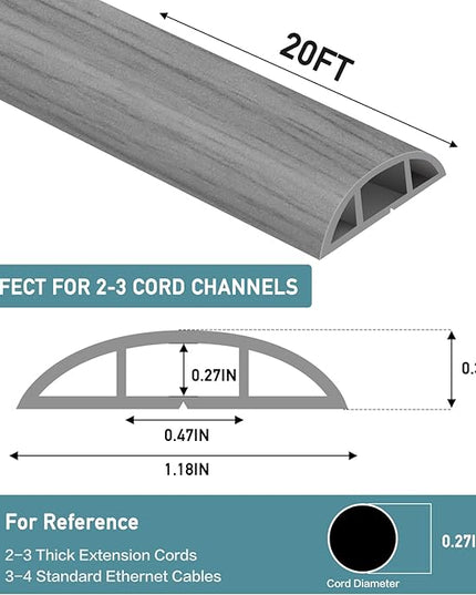 Floor Cord Cover Self Adhesive Cord Hider Floor Extension Cord Covers for Floor Power Cord Protector Cable Management Prevent Cable Trips Cable Cavity 0.47" W x 0.27" H (Light Grey Wood, 20Ft)