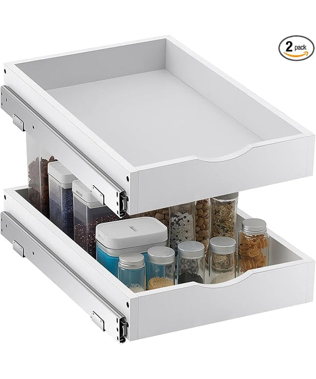 Menkxi 2 Set Pull out Tray Cabinet Organizer Wooden Pull Drawers storage Slide out Pantry Shelf for Base Cabinet Kitchen Gentle Close Fully Assembled Accessories(White,15'' X 21'' X 3'')