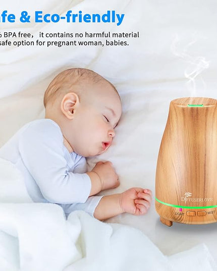 Diffuserlove Essential Oil Diffusers 200ML Diffuser Remote Control Aromatherapy Diffuser with 7 Color Lights, Auto Shut-Off for Bedroom Office Kitchen (Yellow Wood Grain)