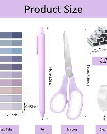 suniya Office Supplies,Desk Accessories,Tape Holder,Stapler,Scissor,Staple Remover,Box of Binder Clips,Staples,Ballpoint Pen,Lndex Tabs,Clear Tape,Office Supplies Set(Purple)
