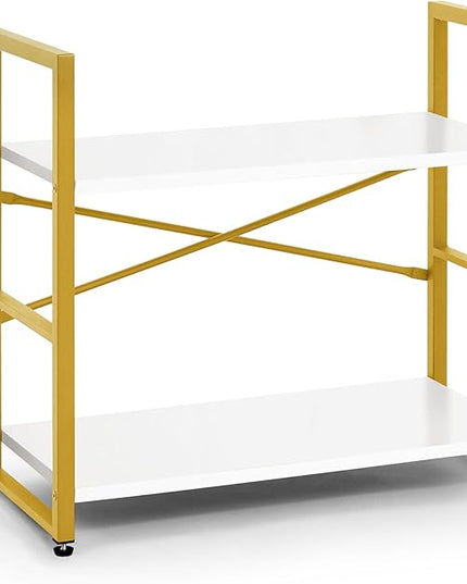 CAPHAUS 2 Tier Small Bookshelf, 24 Inch Width Free Standing Shelf, Bookcase Shelf Storage Organizer, Industrial Book Shelves for Home Office, Living Room, White Wooden Shelves & Gold Frame
