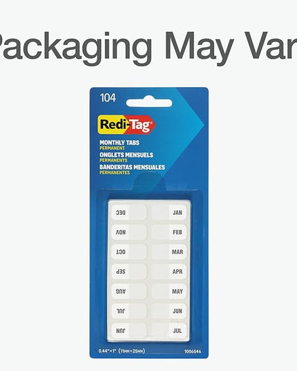 Redi-Tag Monthly Adhesive Tabs, Preprinted Tabs, 8 Sets of Jan-Dec Plus Bonus Blank Tabs, 7/17" x 1", Durable and Customizable Labels with Permanent Adhesive for Planners and Files, White (1006546)