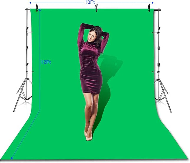 SLOW DOLPHIN Photo Video Studio 10 x12ft 100% Cotton Muslin Chromakey Green Screen Backdrop with 10 x 10ft Stand Photography Background Support System Kit Clamp, Carry Bag