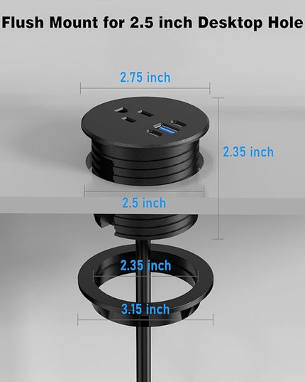 Desk Grommet Power Outlet, 2.5 inch Desktop Recessed Outlet with 20W Fast Charging USB-C Port, Flush Mount Outlet for Conference Rooms, Office Tables, Furniture (Black, 10FT)