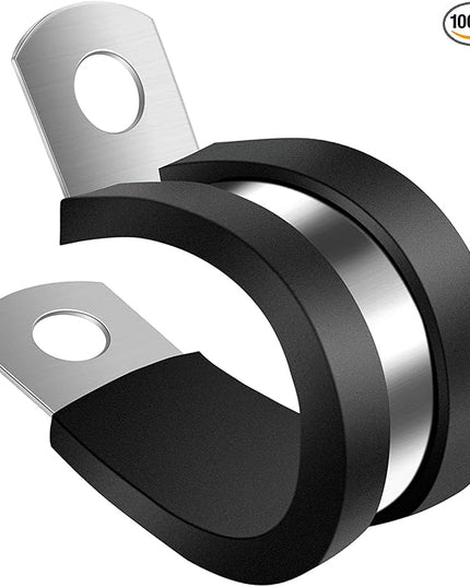 100 Pack 1/4 inch Cable Clamps, 304 Stainless Steel Hose Pipe Clamps, Automotive Wire Rubber Insulated Clamps, Metal Clamps for Tube, Pipe and Wire Cord Installation, Black, MI-RC-1/4-100