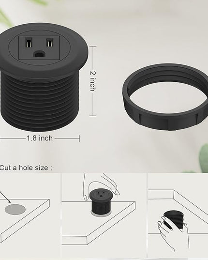 Mini Desktop Power Hub Grommet Socket, Flush-Mount Desk Outlet Build-in 1 US Standard Outlet with 6.56 FT Extension Power Cord, Recessed Power Strip Socket for Desk Nightstand Cabinet Counter