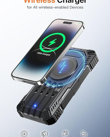 Power Bank 49800mAh Solar Portable Charger Wireless Charging USB-C 15W Fast Charging with 4 Built-in Cables LED Flashlight Battery Pack Compatible with iPhone, iPad, Perfect for Camping,Hiking