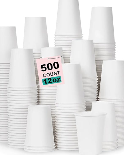 Coolcap 12 oz 500 Pack Disposable Coffee Cups, Bulk White Disposable Paper Cups, Coffee Cups for Hot Tea, Chocolate and Cold Drinks