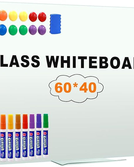 H-Qprobd Glass Whiteboard 60"x40" Magnetic Dry Erase White Board for Wall, Includes 12 Magnets, 8 Markers and 2 Erasers