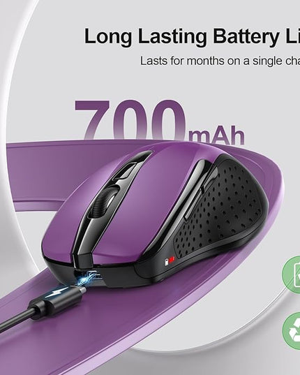 TECKNET Wireless Mouse (BT5.0/3.0 & 2.4G) Rechargeable 4800 DPI Silent USB A & Bluetooth Mouse 6 Buttons, Wide Compatibility - Purple