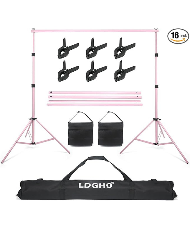 Backdrop Stand 10x7ft(WxH) Photo Studio Adjustable Background Stand Support kit with 2 Crossbars, 6 Clamps, 2 Sandbags and Carry Bag for Parties, Events Decoration, Wedding, Photography (Pink)