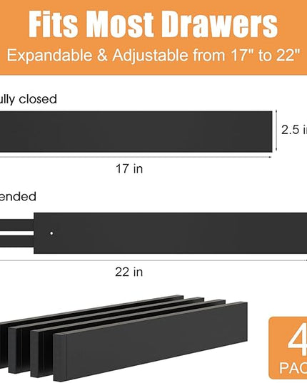 Bamboo Drawer Dividers,17-22" Adjustable Kitchen Drawer Organizer for Clothes,4 Pack Expandable Drawer Organization Separators for Bedroom,Bathroom,Dresser and Office,Black