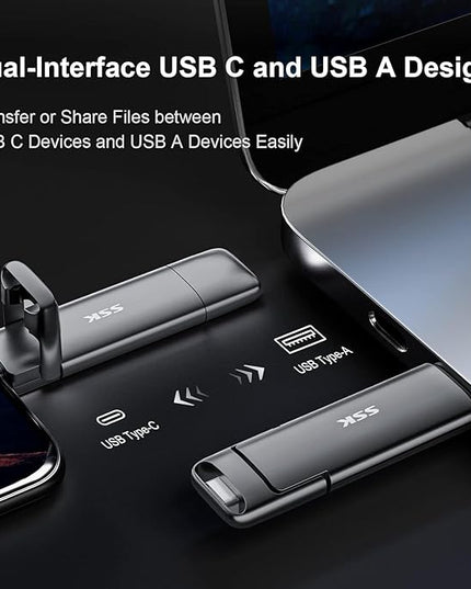 SSK 2TB SSD USB C Stick up to 1000MB/s,Fast External SSD Dual Drive Type-C + USB A 3.2 Gen 2 Solid State Thumb Drive,USB Memory Stick for iPhone 15/PS4/Android Phone/Tablet/Windows/Mac, SD301 Pro