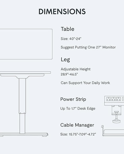 FLEXISPOT EN2 Whole-Piece Standing Desk with Clamp Power Strip, 40 x 24 Electric Stand Up Height Adjustable Desk with Cable Management (White Frame + 40" White Top)