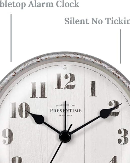 Presentime & Co 4" Farmhouse Tabletop Alarm Mantel Clock, Desk and Shelf Clock, Silent no Ticking, Light Grey Oak and Rusted Galvanized Finish. Tabletop Décor, Home Décor, Farmhouse Décor