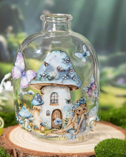 Dwpetzo Scrapbook Fairy Stickers for Scrapbooking Supplies, 80 Pcs Transparent PET Forest Mushroom House Scenery Stickers Ephemera for Junk Journals, Journaling, Collage, Art Crafts