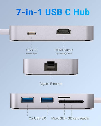 MINIX USB C Adapter, 7 in 1 USB C Hub Muliport Adapter 4K HDMI,Gigabit Ethernet, 2 USB 3.0, 100W PD Charging, SD/TF Card Reader, Compatible with MacBook Pro/Air, iPad Air/Pro, iMac, Laptop, PC