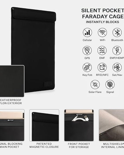 SLNT Faraday Bag Tablet Sleeve with Silent Pocket - Leather or Weatherproof Nylon, Signal Blocking Device Shielding for iPad, Samsung Galaxy Tab, Most Tablets for Travel, Privacy (Black Nylon, Large)