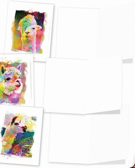 The Best Card Company Assorted Animal Watercolor Blank Greeting Card Box Set - Incl. 10 Unique Notecards Designs + Envelopes for Thank You, Invitations - Funky Rainbow Llamas AM6862OCB-B1x10