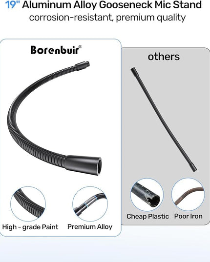19" Universal Flexible Microphone Gooseneck Stand, 5/8"Male and Female Threads, High Load-bearing, Durable Aluminum Alloy Construction for DIY Projects, Black