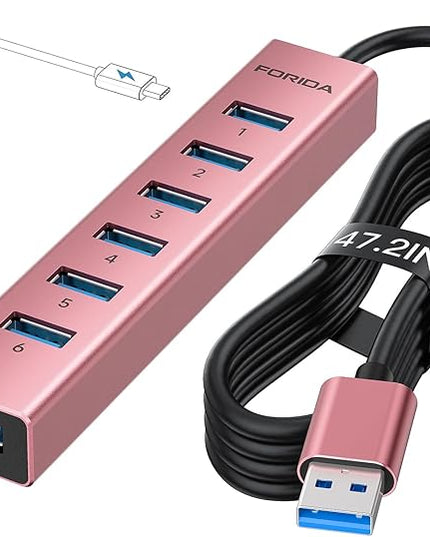 FORIDA USB Hub Long Cable 8 Ports multiport Adapter with 7-USB3.0 Data Ports and Type-C 5V/3A Power Port,USB Extender for Laptop PC and More (Rose Gold, USB A-47in)