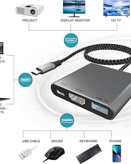 Battony USB C Multiport AV Adapter with 4K HDTV Output USB 3.0 Port, 50cm Braided Cable & USB-C Fasting Charging Port,Compatible for MacBook Pro Air M1 M2 Pad Pro iMac and Other Type C Devices