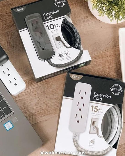 Cordinate 3-Outlet Power Strip Extension Cord with Multiple Outlets 15 Ft Indoor Braided Grounded Flat Plug Extension Cord ETL Listed White 50011