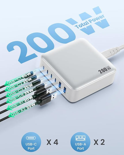 USB C Charger Block 200W[2025 Upgraded] GaN III 6 Port Fast Charging Station Hub,PD 65W USB C Laptop Charger Compatible with MacBook Pro/Air,iPad,iPhone 16/15,Galaxy S23/S24 Steam Deck Dell XPS etc