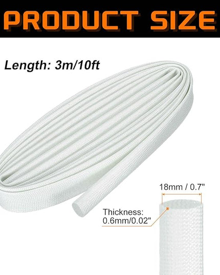 MECCANIXITY 10ft Braided Cable Sleeve, 0.7" ID 200C High Temperature 1500V Fiberglass Wire Insulation Cord Protector Organizer Wires Management for Motor Engine Fuel Line, White