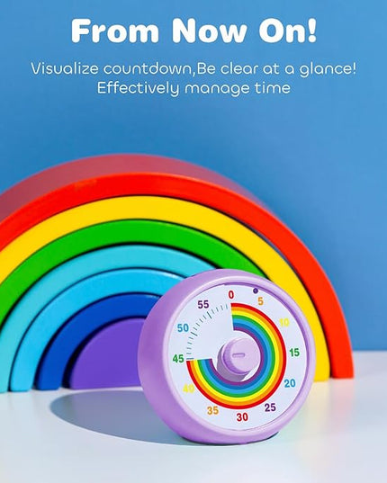 Visual Timer for Kids, 60-Minute Countdown for Classroom Office Kitchen, Desk Timer Kids Time Management Tools with Silent Operation, Pomodoro Timer Rainbow Pattern Purple