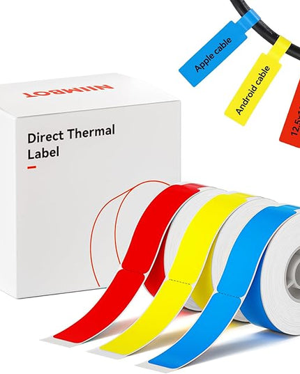 NIIMBOT Cable Label Tape for D110/D11/D101 Label Maker, 12.5 x 109 mm (0.49'' x 4.29''), 3 Rolls for Red Yellow Blue, Thermal Label Tape for Home Office Labeling Tape Replacement