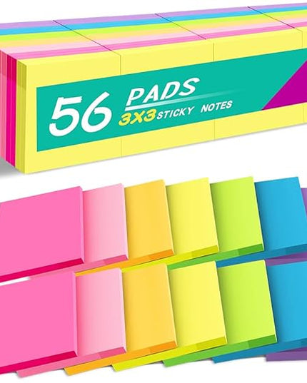 (56 Pads) Sticky Notes Bulk 3x3 in Post Bright Stickies Colorful Super Sticking Power Memo Pads, Strong Adhesive
