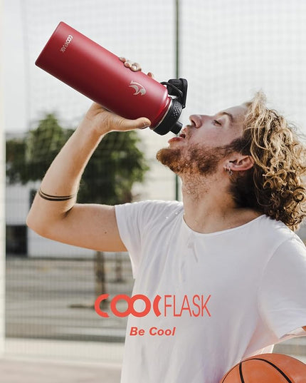 Coolflask Water Bottle 40 oz Insulated with Straw, Stainless Steel Metal 3 Lids Water Flask for Sports or Office, Keep Cold 48H Hot 24H, Red