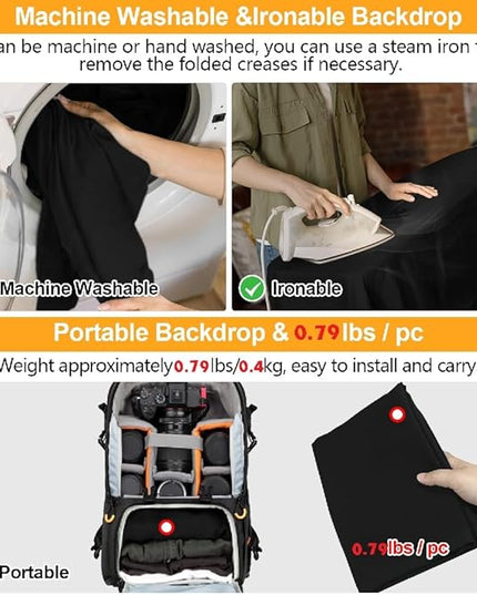 Black Backdrop for Photoshoot, 5x6.5ft Black Photo Backdrop Background, 1.5x2m Collapsible Fabric Backdrop Curtain, Portrait Back Drop Cloth, Content Creator Backdrops for Video Recording