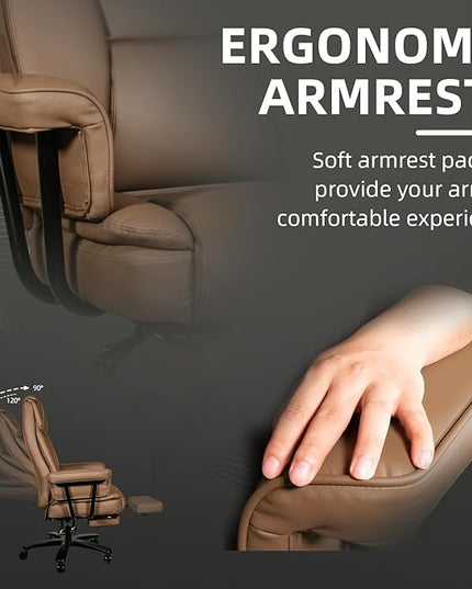 Reclining Office Chair with Footrest, Big and Tall Home Office Desk Chairs 400lbs with High Back, Criss Cross Wide Seat, Heavy Duty Base, Pu Leather, Brown